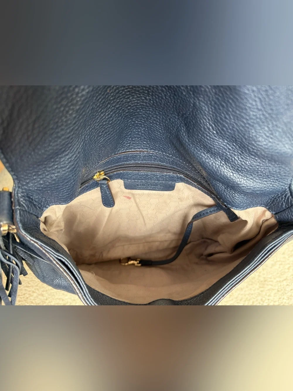 Michael Kors Blue Bedford Tassel Pebbled Leather Shoulder Bag Navy